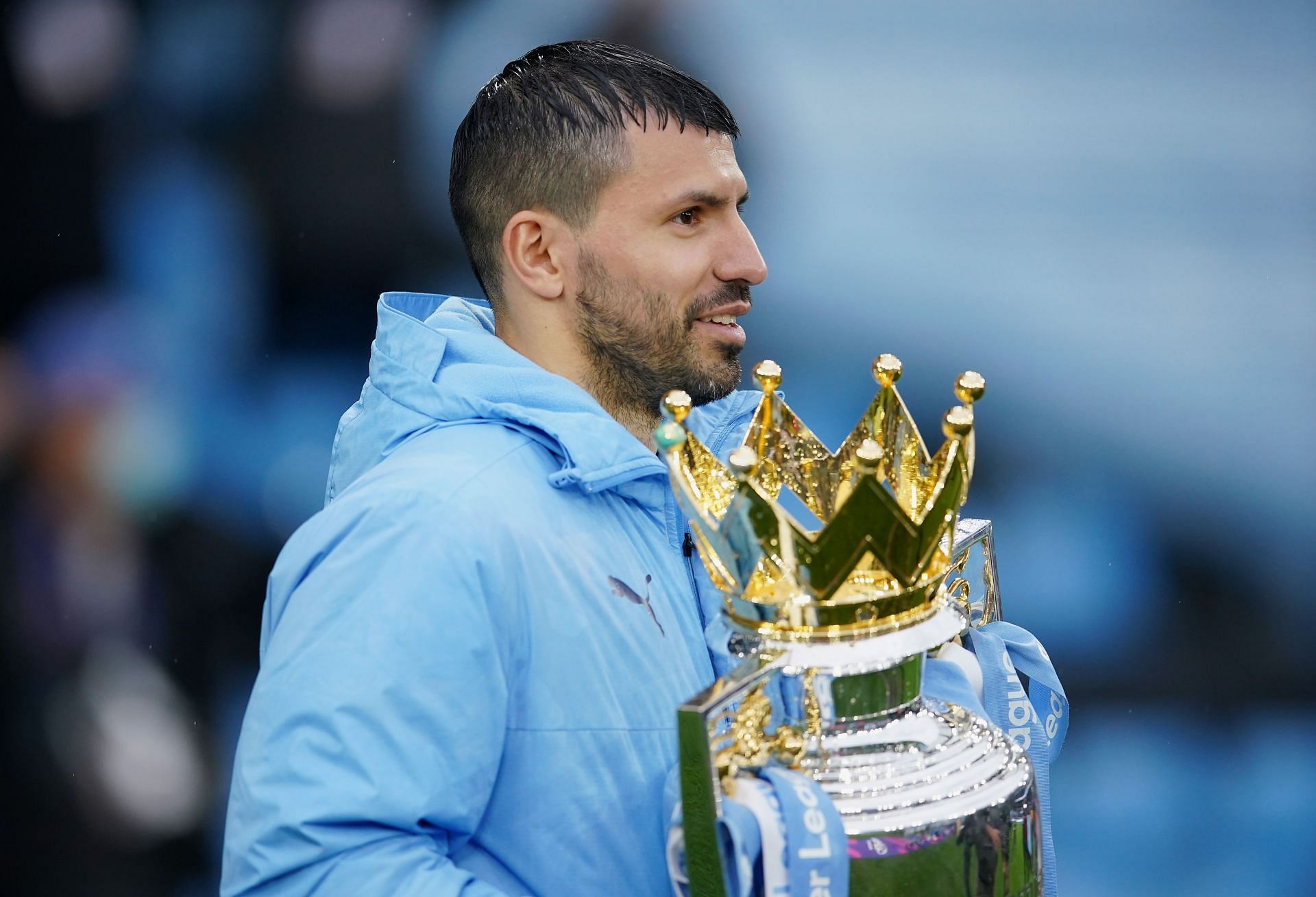 Sergio Aguero with the Premier League trophy