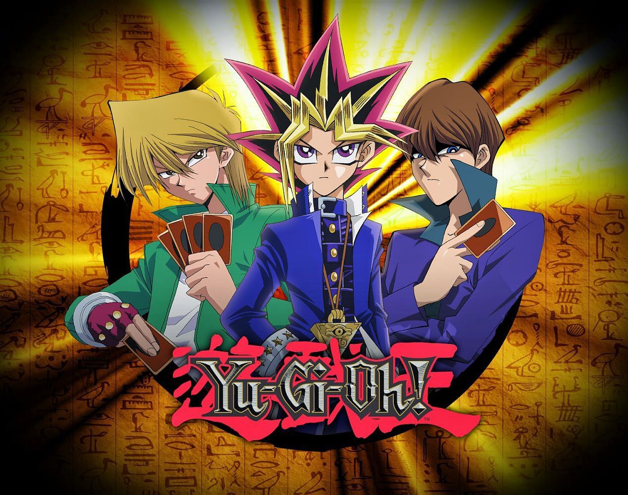Yugi, Kaiba, and Joey from Yu-Gi-Oh! with children&#039;s cards (Image via Toei Animation)