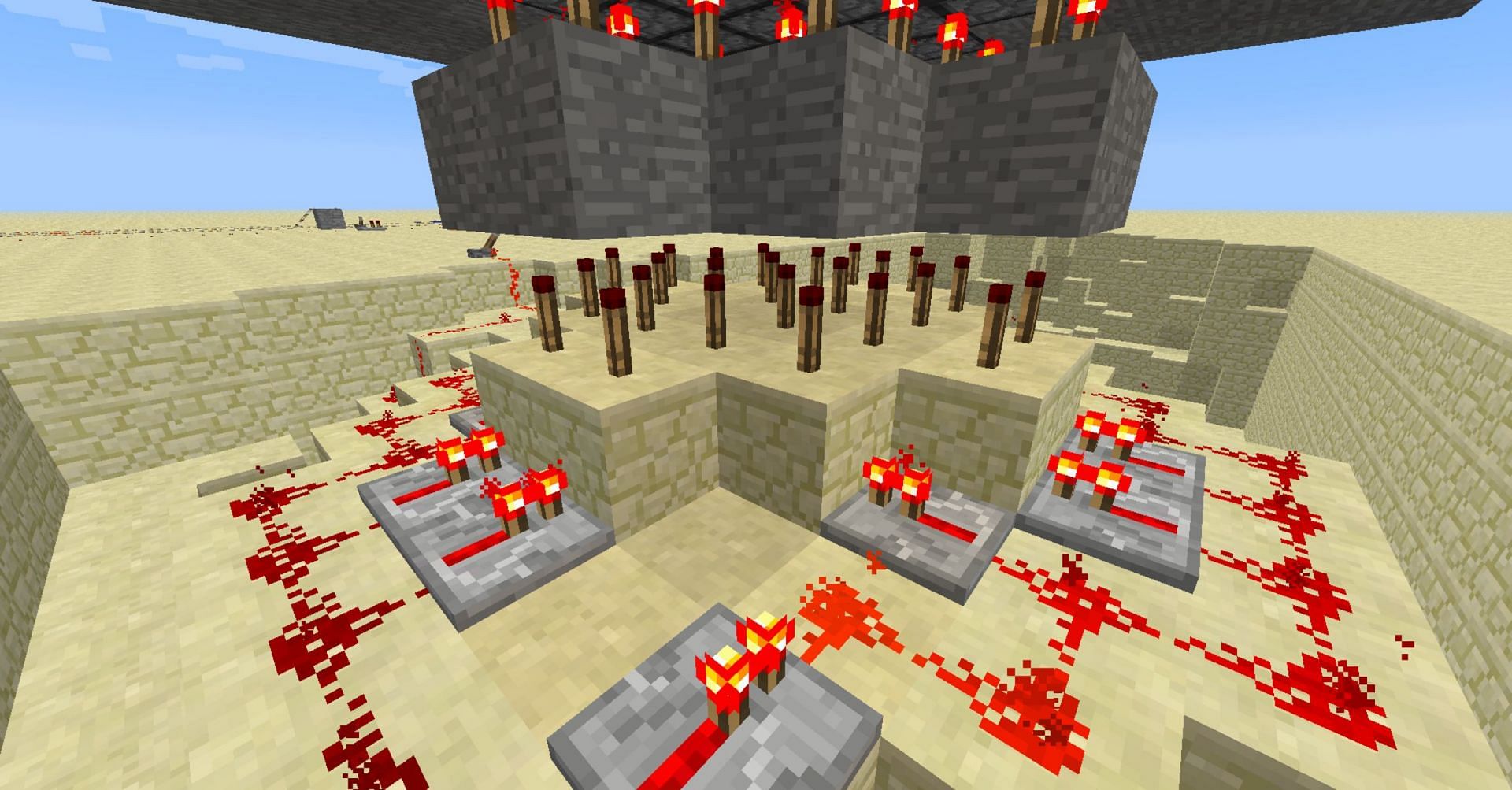 An array of pistons activated from below the block (Image via Gaming Stack Exchange)