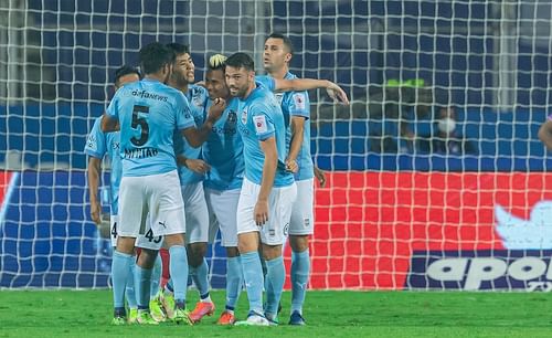 Mumbai City FC players celebrate Bipin Singh's goal against SC East Bengal. [Credits: ISL]