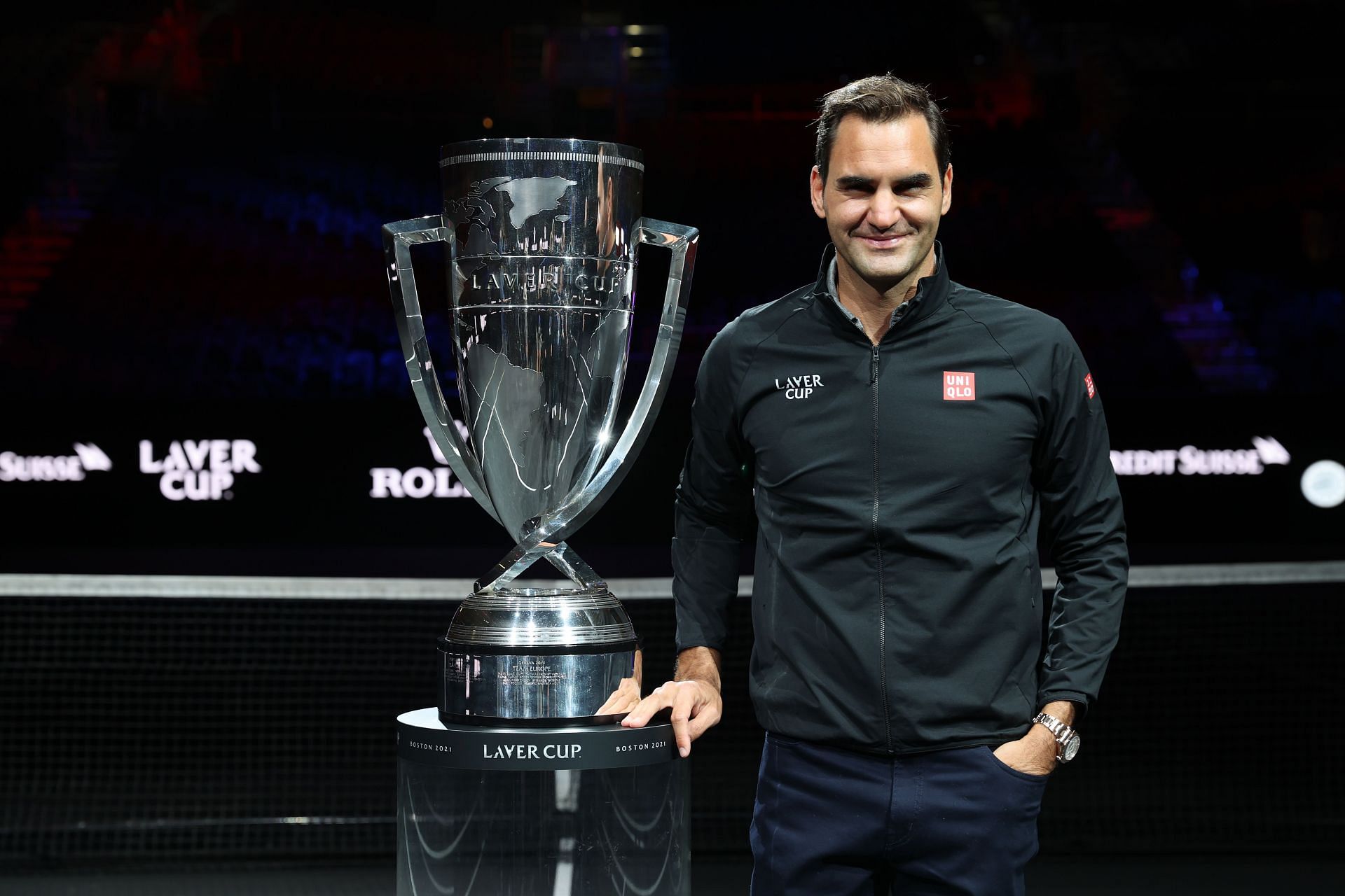 Roger Federer with the Laver Cup trophy at the 2021 Laver Cup