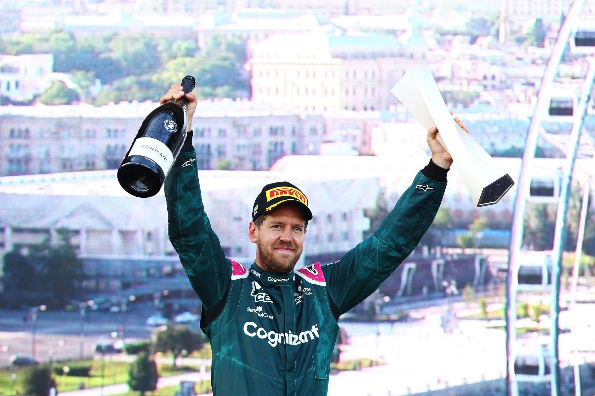 F1 Grand Prix of Azerbaijan - Sebastian Vettel celebrates a podium with his new team