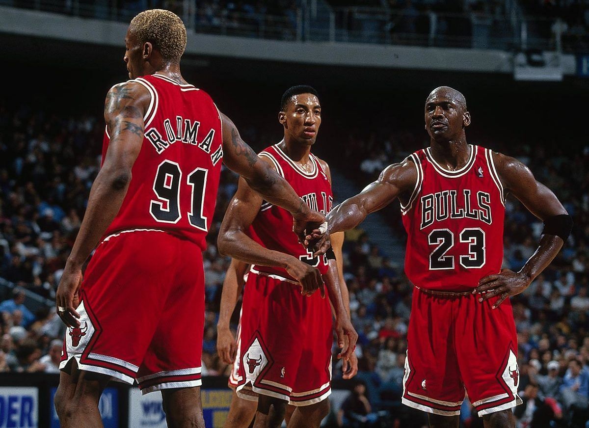 Dennis Rodman, Scottie Pippen and Michael Jordan. (Photo: Courtesy of Sports Illustrated)