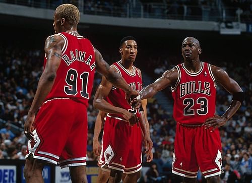 Dennis Rodman, Scottie Pippen and Michael Jordan. (Photo: Courtesy of Sports Illustrated)