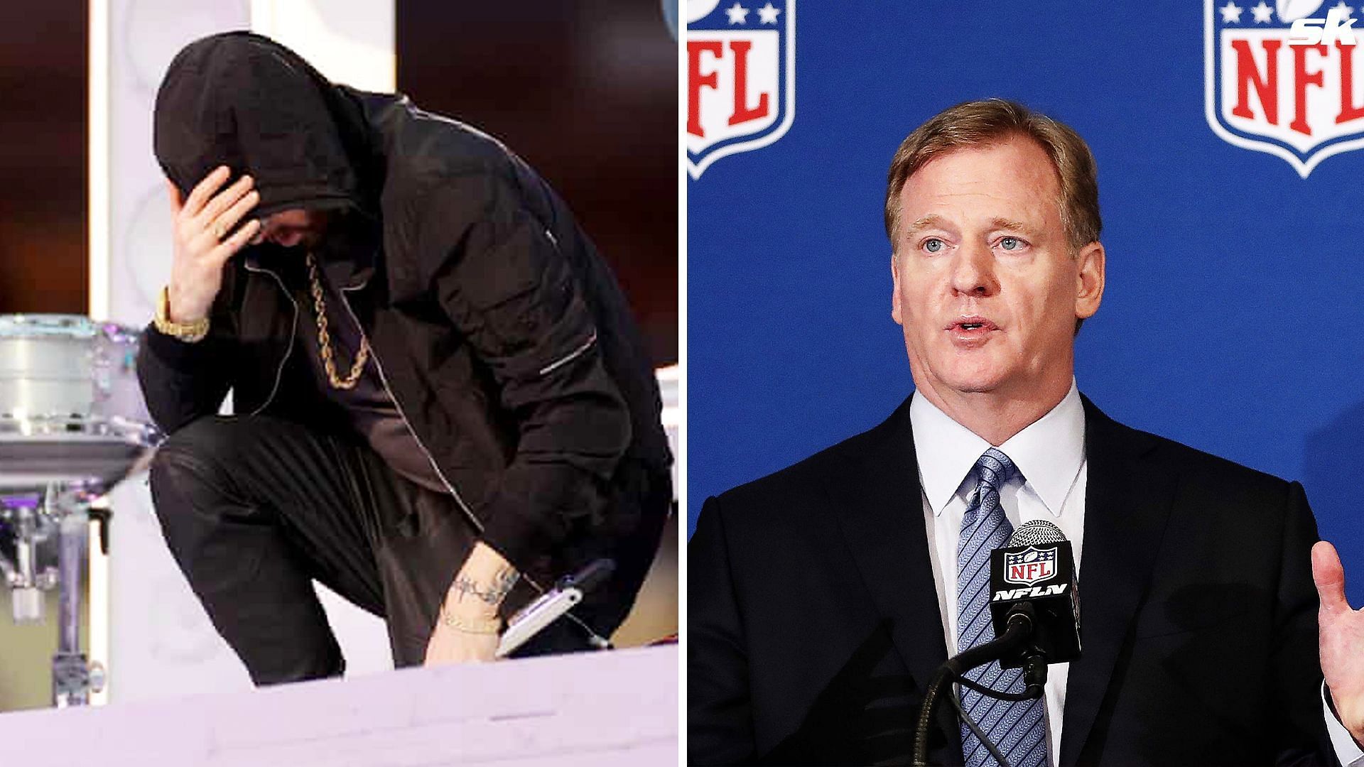 The rapper Eminem taking a knee during the Half-Time Show; NFL commissioner Roger Goodell