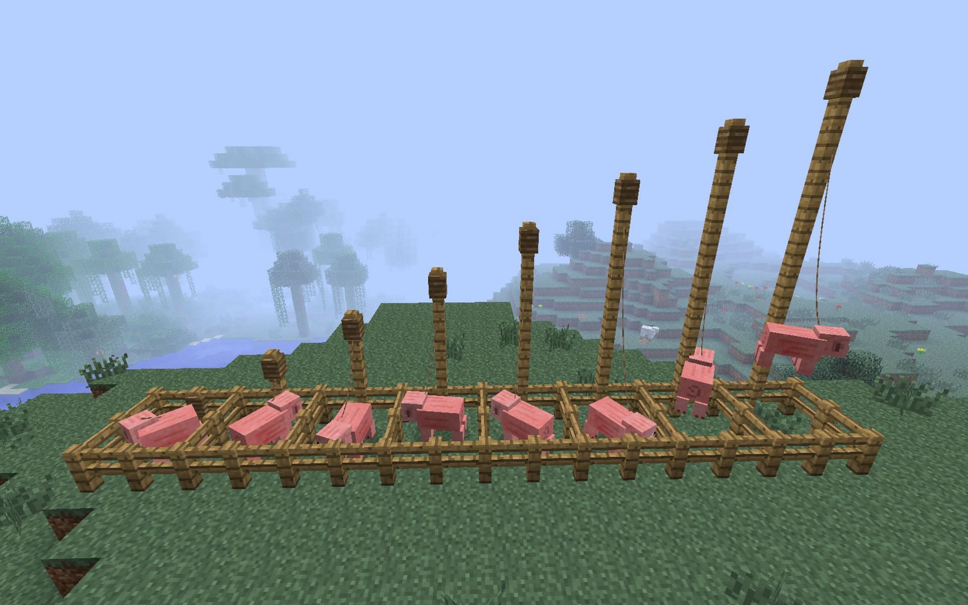 Pigs being tied by leads at various heights (Image via Mojang)