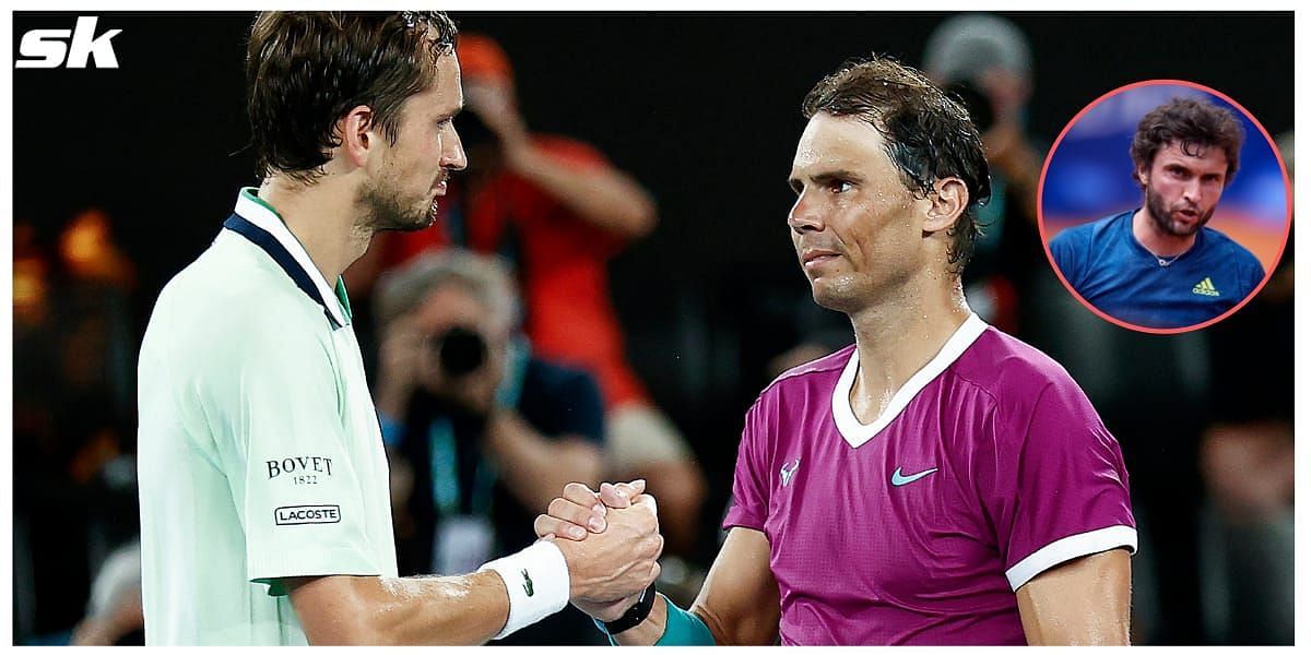 Daniil Medvedev (L) &amp; Rafael Nadal shake hands after their 2022 Australian Open final; Gilles Simon (inset)