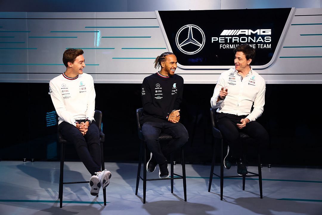 George Russell (left), Lewis Hamilton (center), and Toto Wolff (right) during the launch event of the Mercedes W13 (Image Courtesy: @PET_Motorsports)