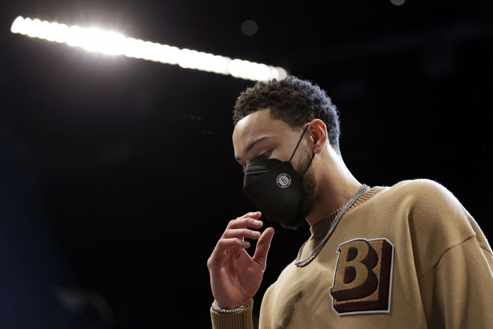 Ben Simmons of the Brooklyn Nets on the bench at Barclays Center on Wednesday in New York City.