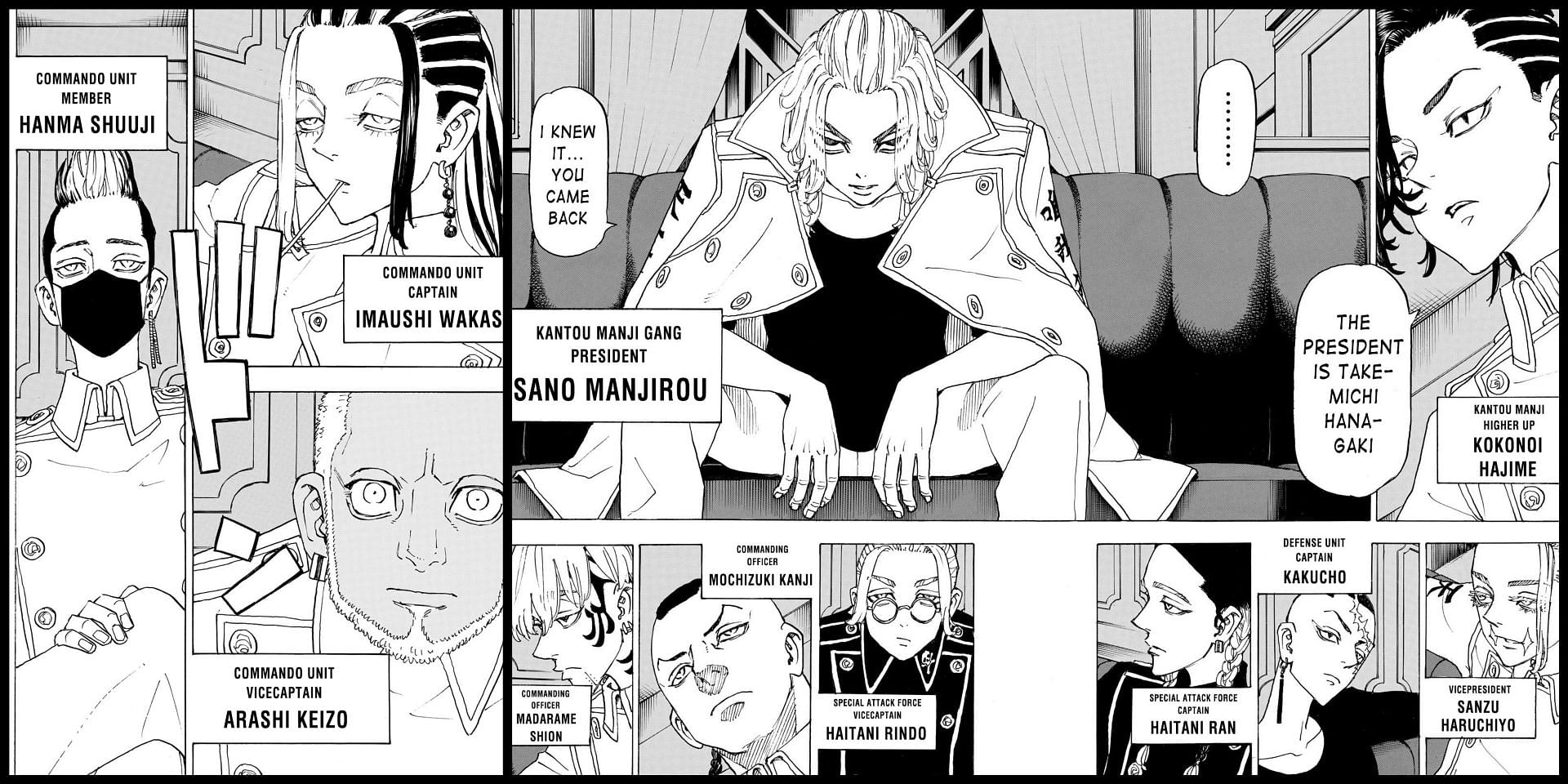 The higher-ups of the Kantou Manji Gang in Tokyo Revengers chapter 243 (Image via Kodansha)