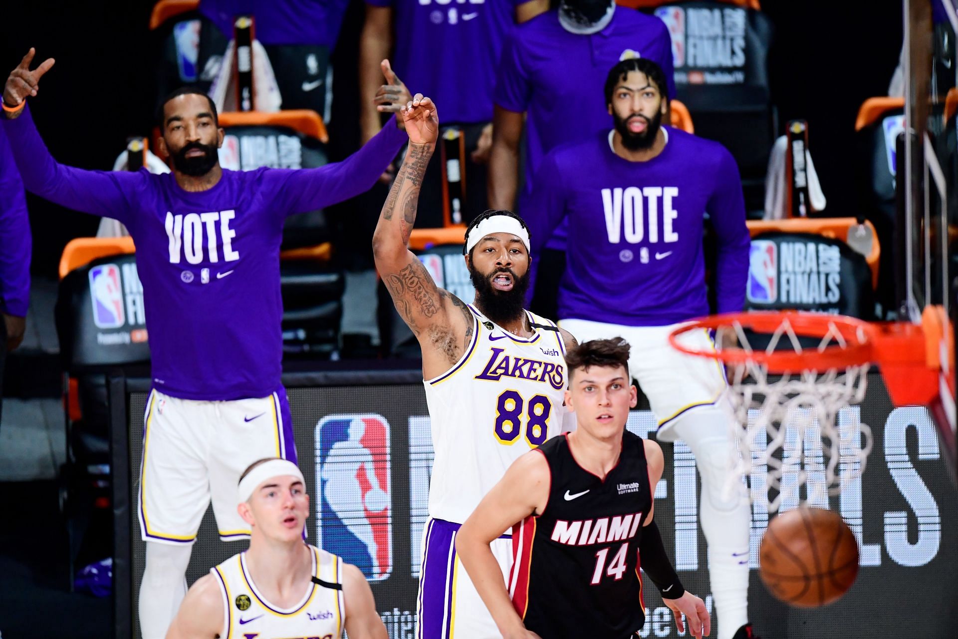 Markieff Morris of the LA Lakers shoots a three during Game Six of the 2020 NBA Finals.