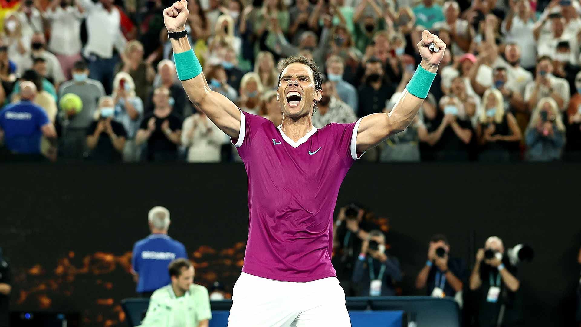 The Spaniard celebrates victory at the 2022 Australian Open final