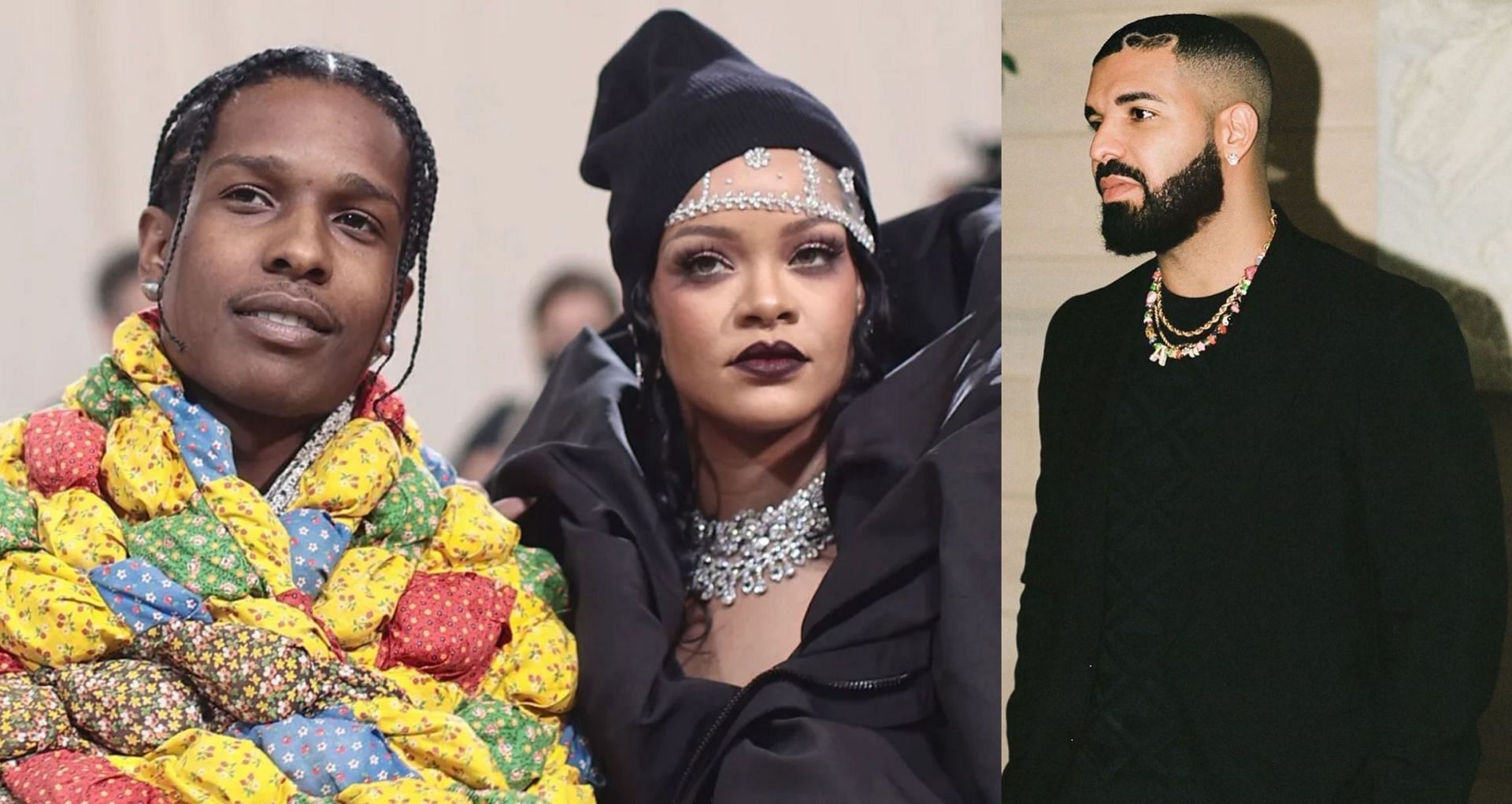 ASAP Rocky, Rihanna and Drake (Image via Dimitrios Kambouris/Getty Images, and champagnepapi/Instagram)