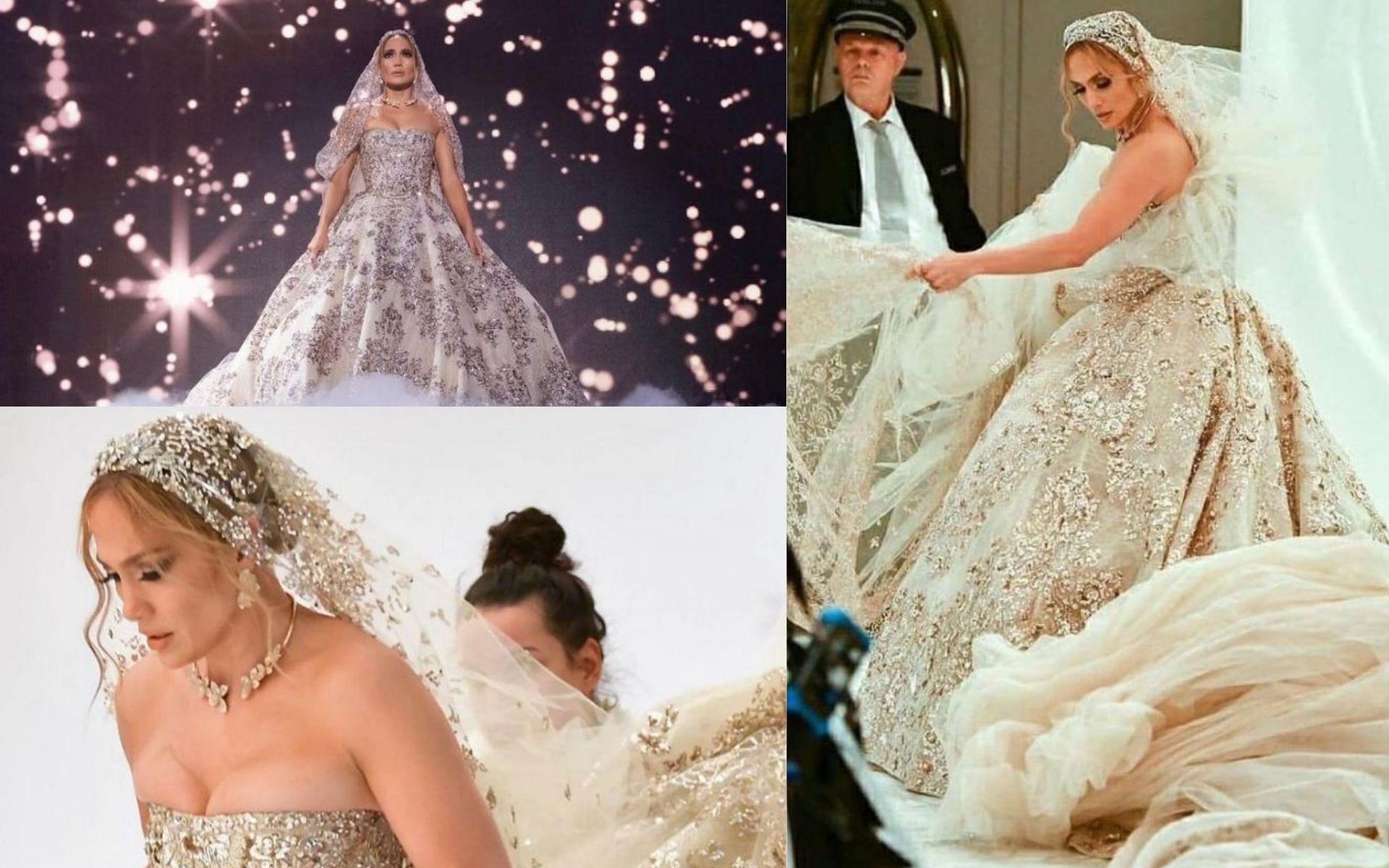 Jennifer Lopez in her Marry Me wedding dress (Image via Instagram/Marrymemovie and stylishtutorial)