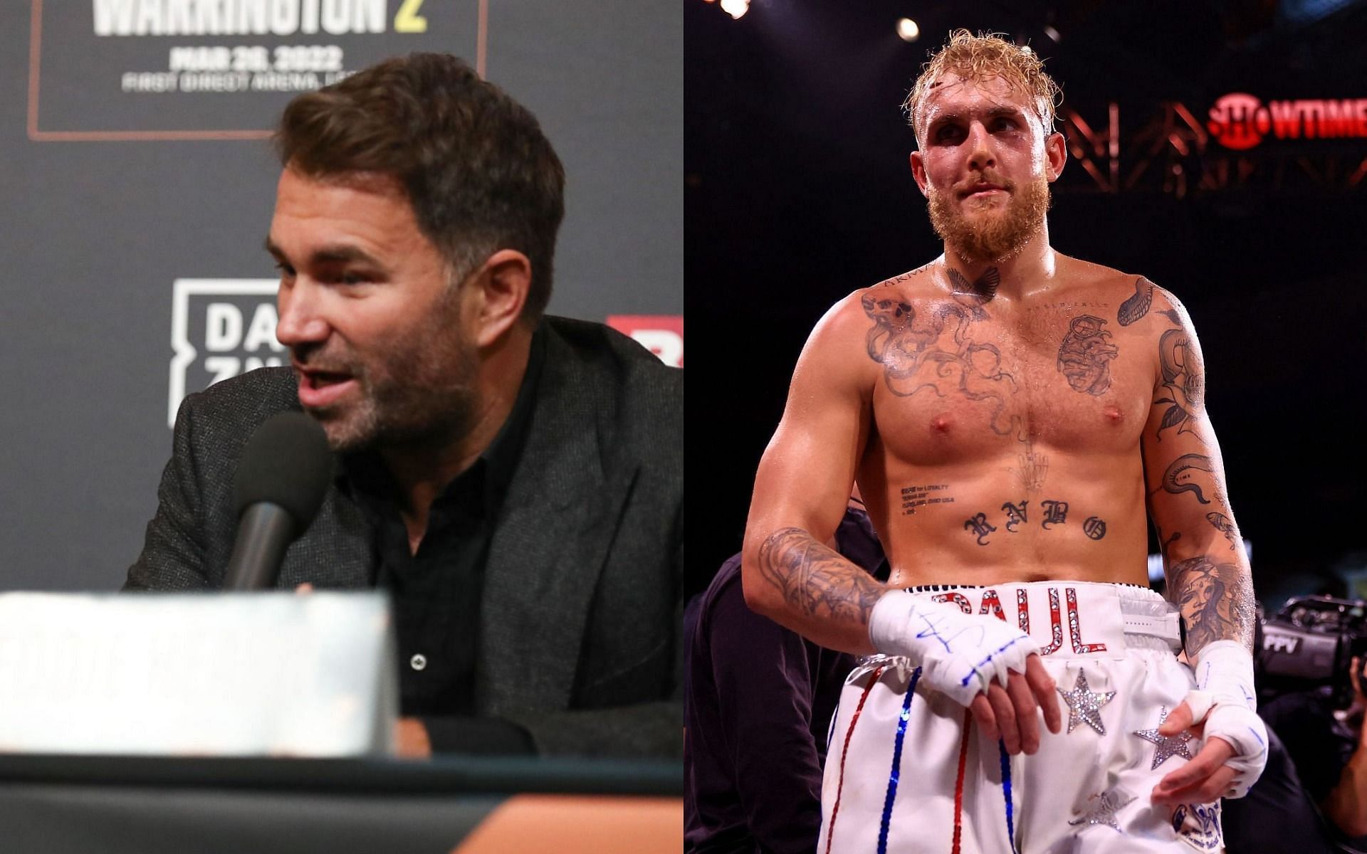 Eddie Hearn (L) has jokingly owned up to starting Jake Paul&#039;s (R) boxing career