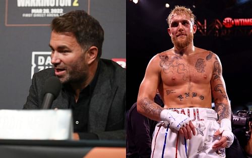 Eddie Hearn (L) has jokingly owned up to starting Jake Paul's (R) boxing career