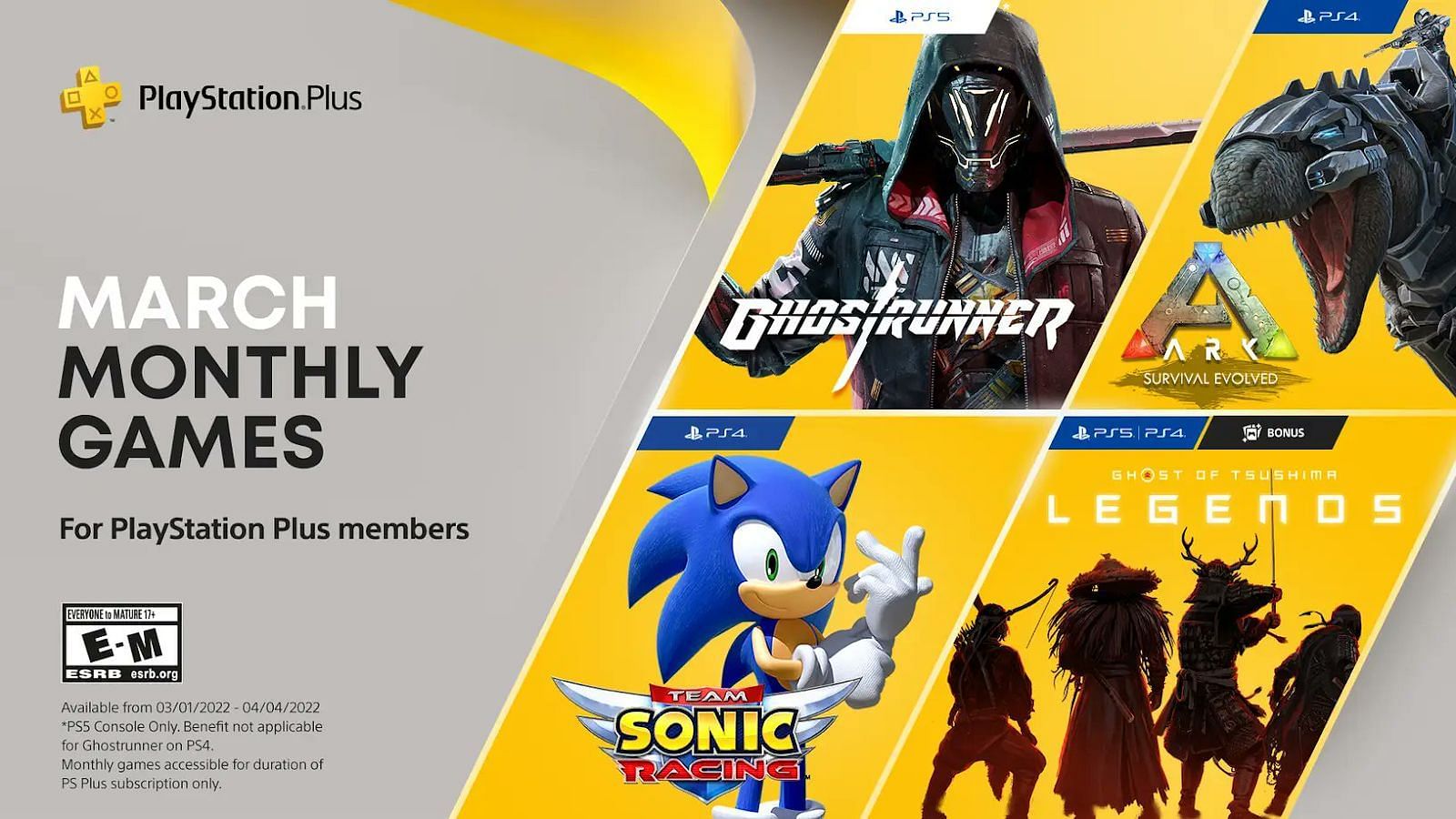 PS Plus March 2022 includes Ghostrunner, Ark Survival Evolved, Team Sonic Racing, and Ghost of Tsushima Legends as a bonus (Image by Sony)