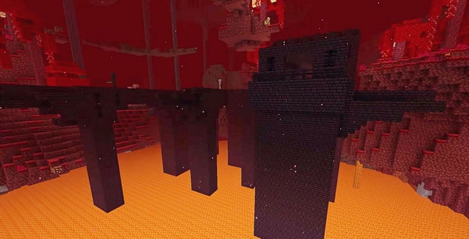 A nether fortress featuring a wither skeleton patrolling its bridge (Image via Mojang)