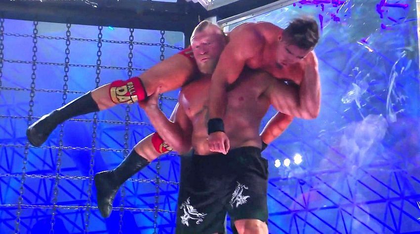 Brock Lesnar delivered the F-5 to Austin Theory from the top of the pod