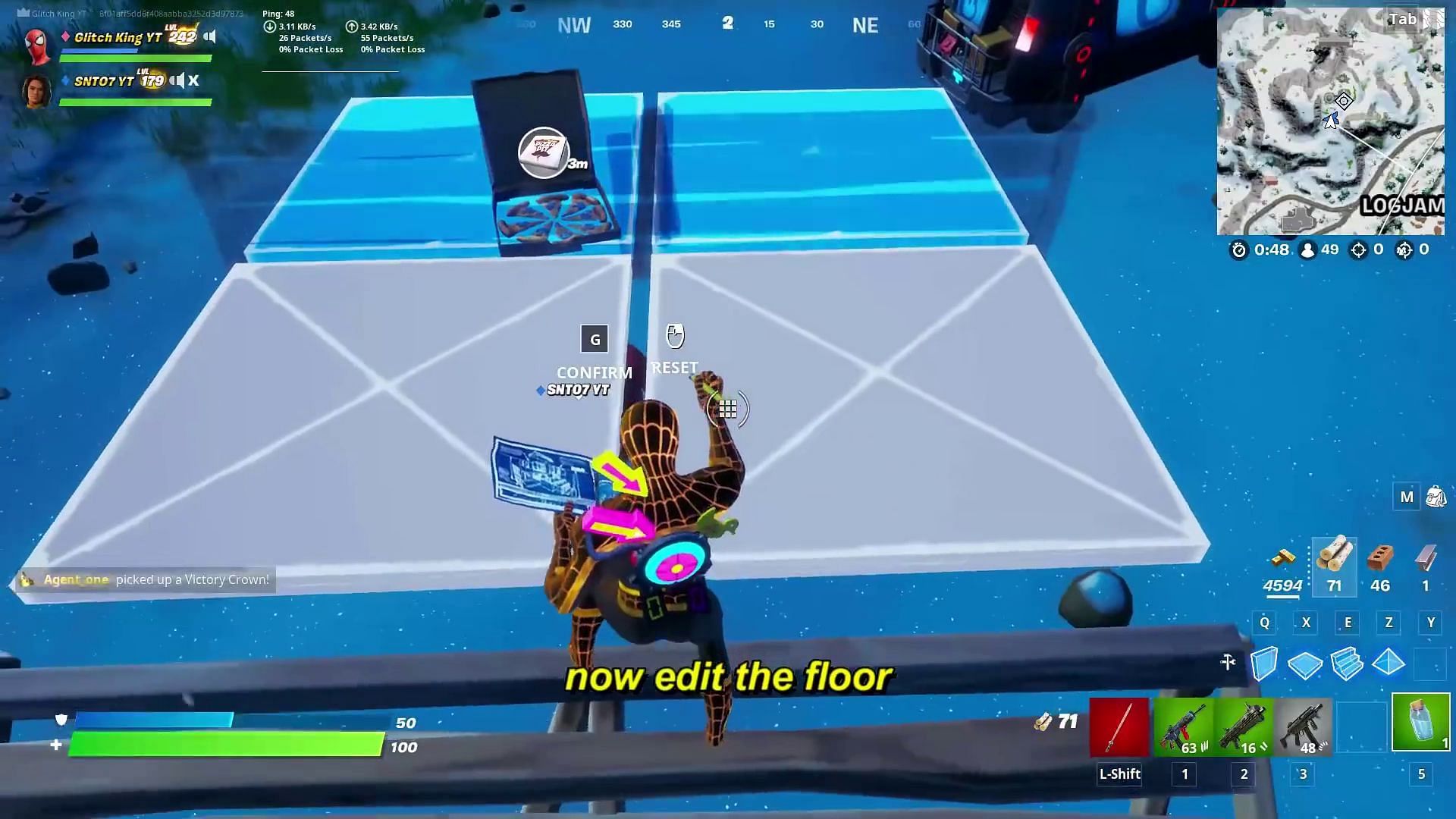 The YouTuber edits the floor piece to make the Pizza Party box fall over the Snowman (Image via YouTube/GKI)