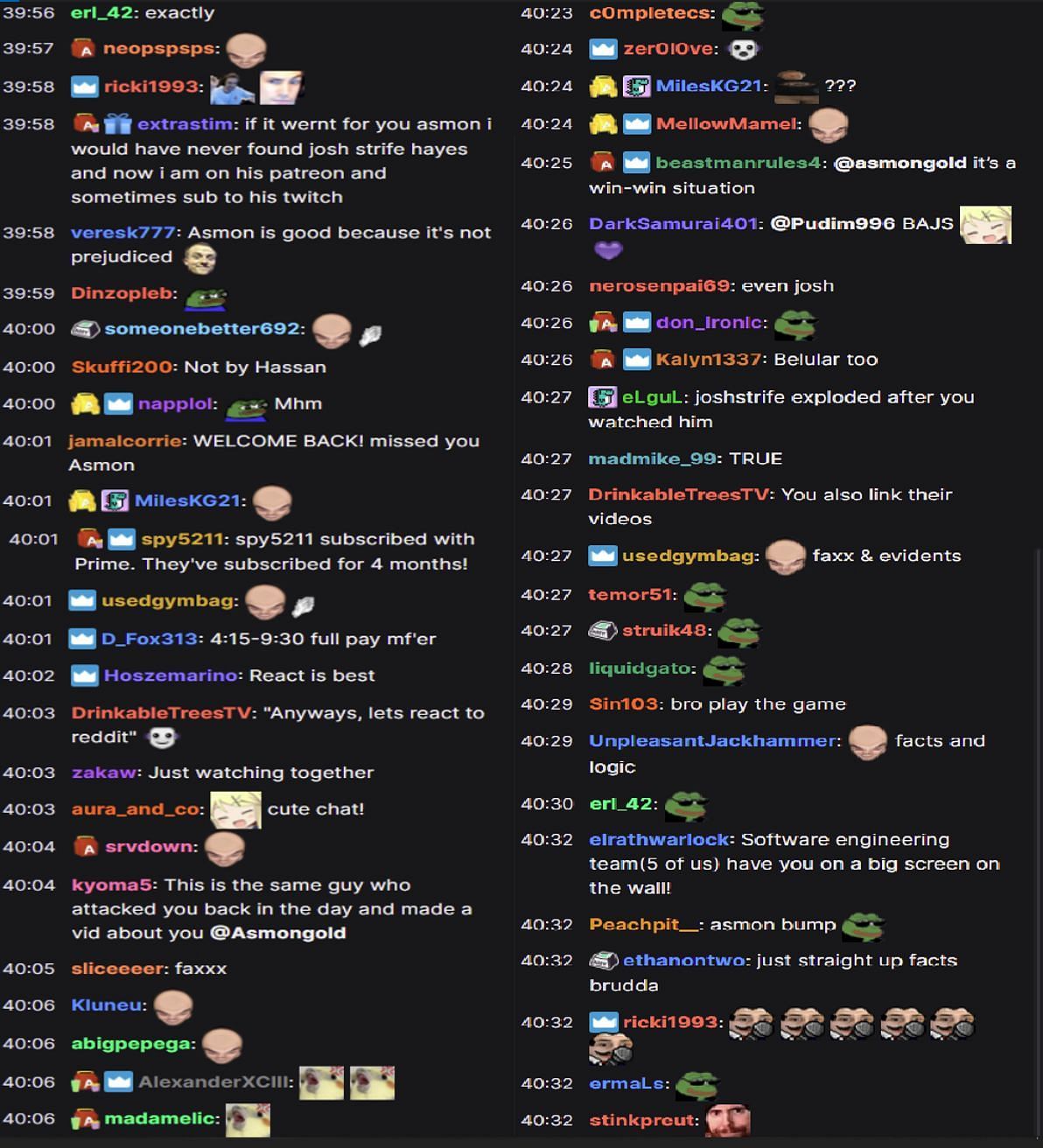Zack&#039;s chat as he talks about react streamers (Images via Twitch)