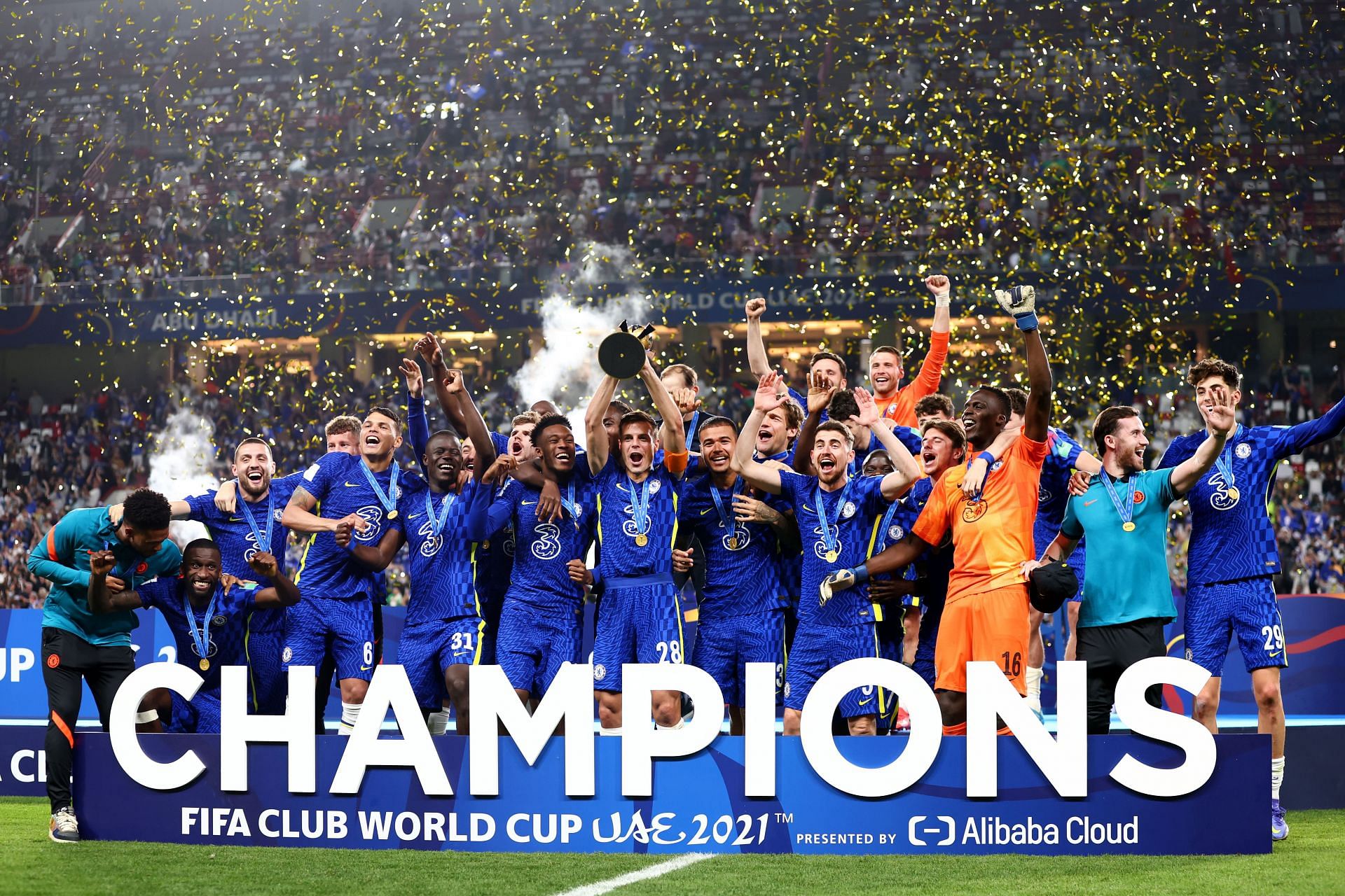Cesar Azpilicueta lifts the FIFA Club World Cup trophy following the victory.