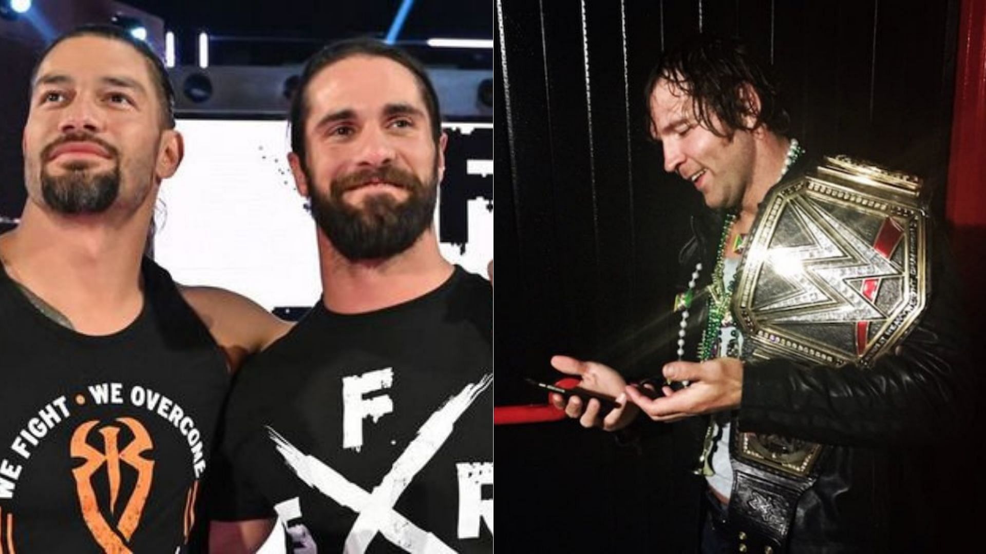 Roman Reigns and Seth Rollins (left); Dean Ambrose/Jon Moxley (right)