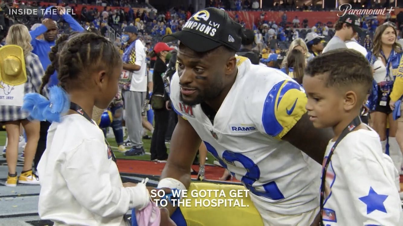 Rams WR Van Jefferson telling his daughter that they have to leave because his wife is in labor. (via @NFL)