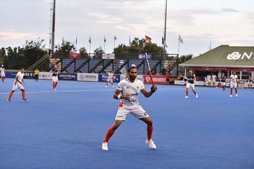 India's Shamsher Singh celebrates a goal against France. (PC: Hockey India)