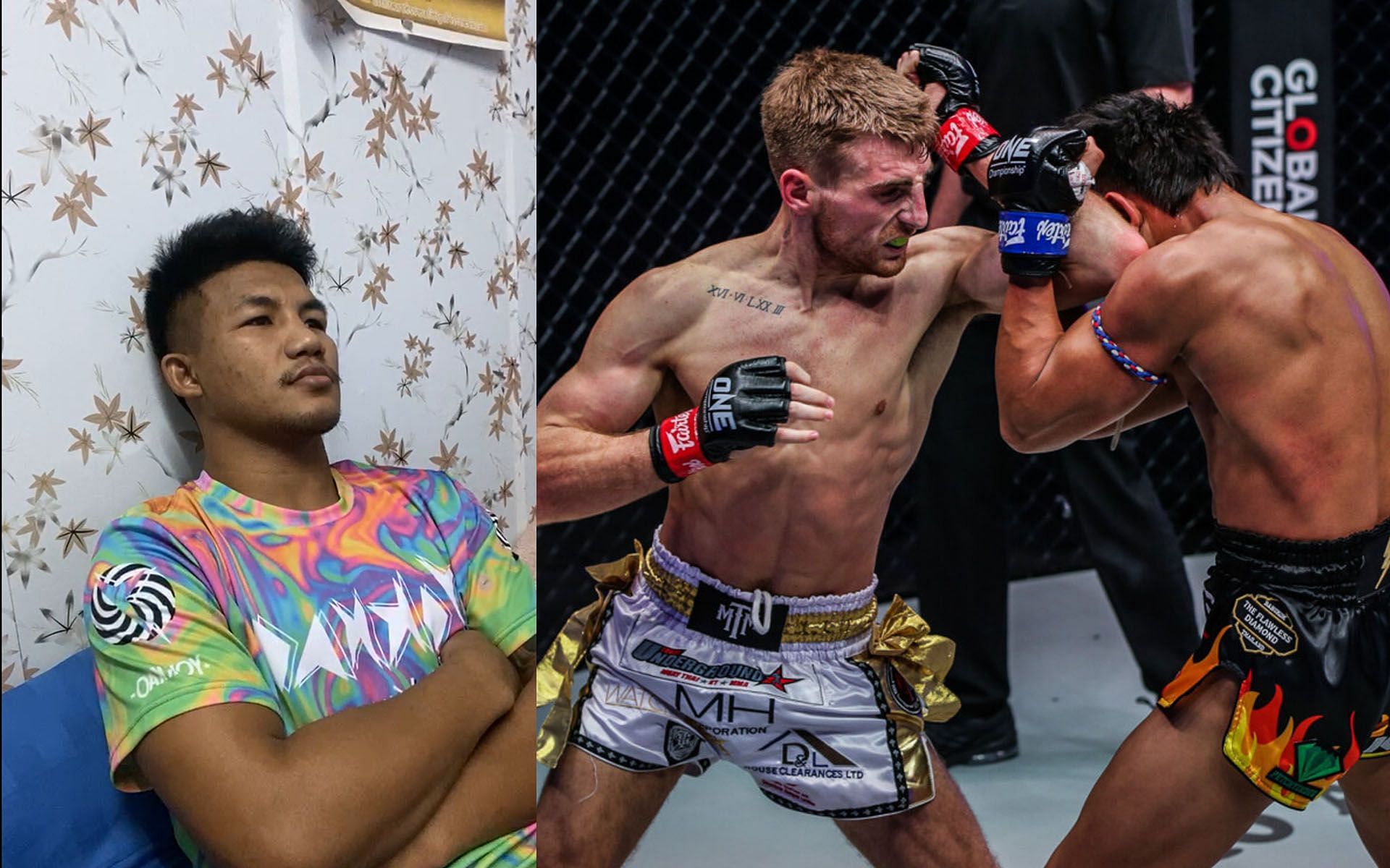 Rodtang Jitmuangnon (Left) was watching the fight between Jonathan Haggerty and Mongkolpetch Petchyindee (Right) in his home. | [Photos: Rodtang&#039;s Facebook/ONE Championship]