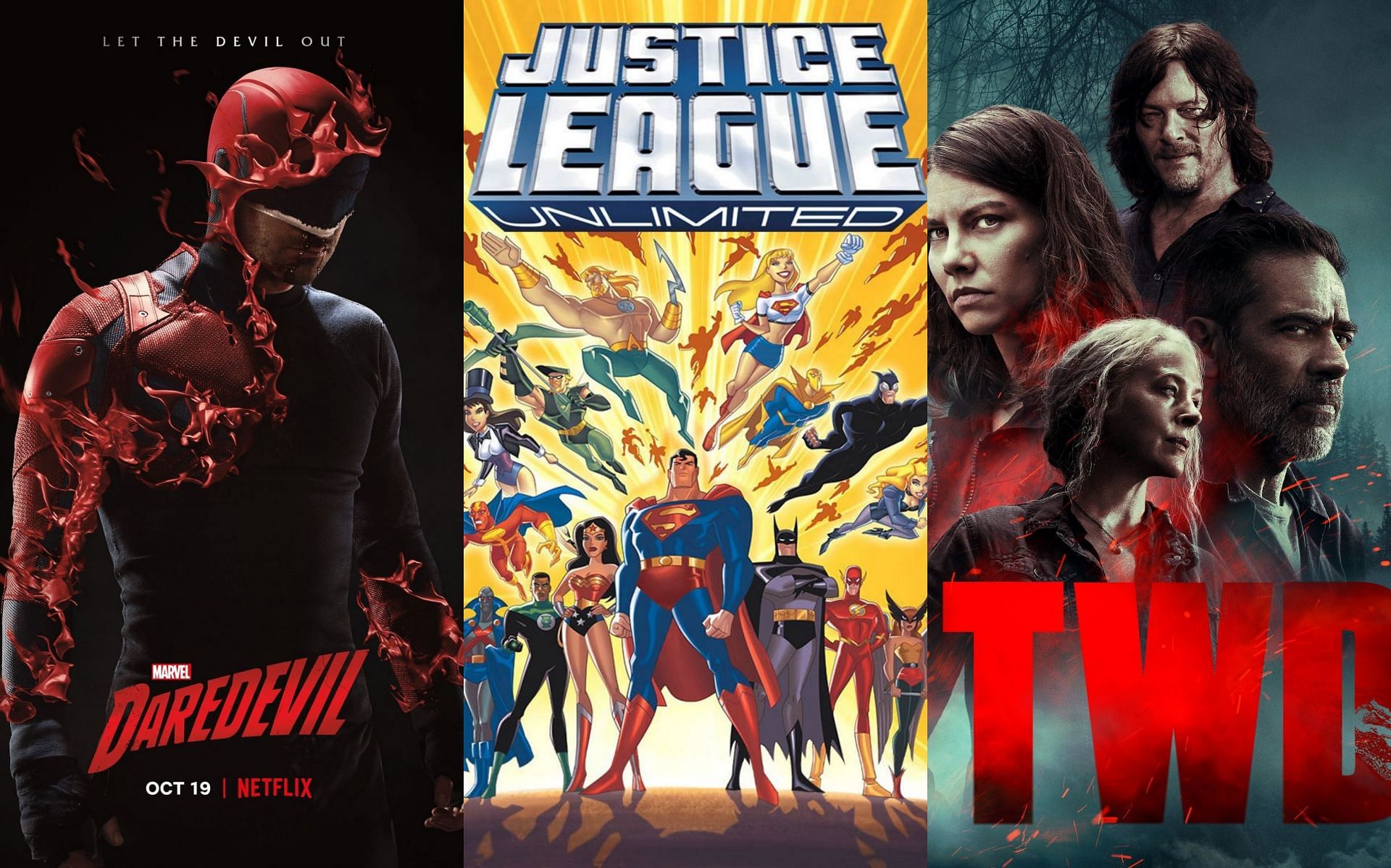 Daredevil, Justice League: Unlimited, and The Walking Dead (Image via Marvel Studios/Warner Bros./AMC)