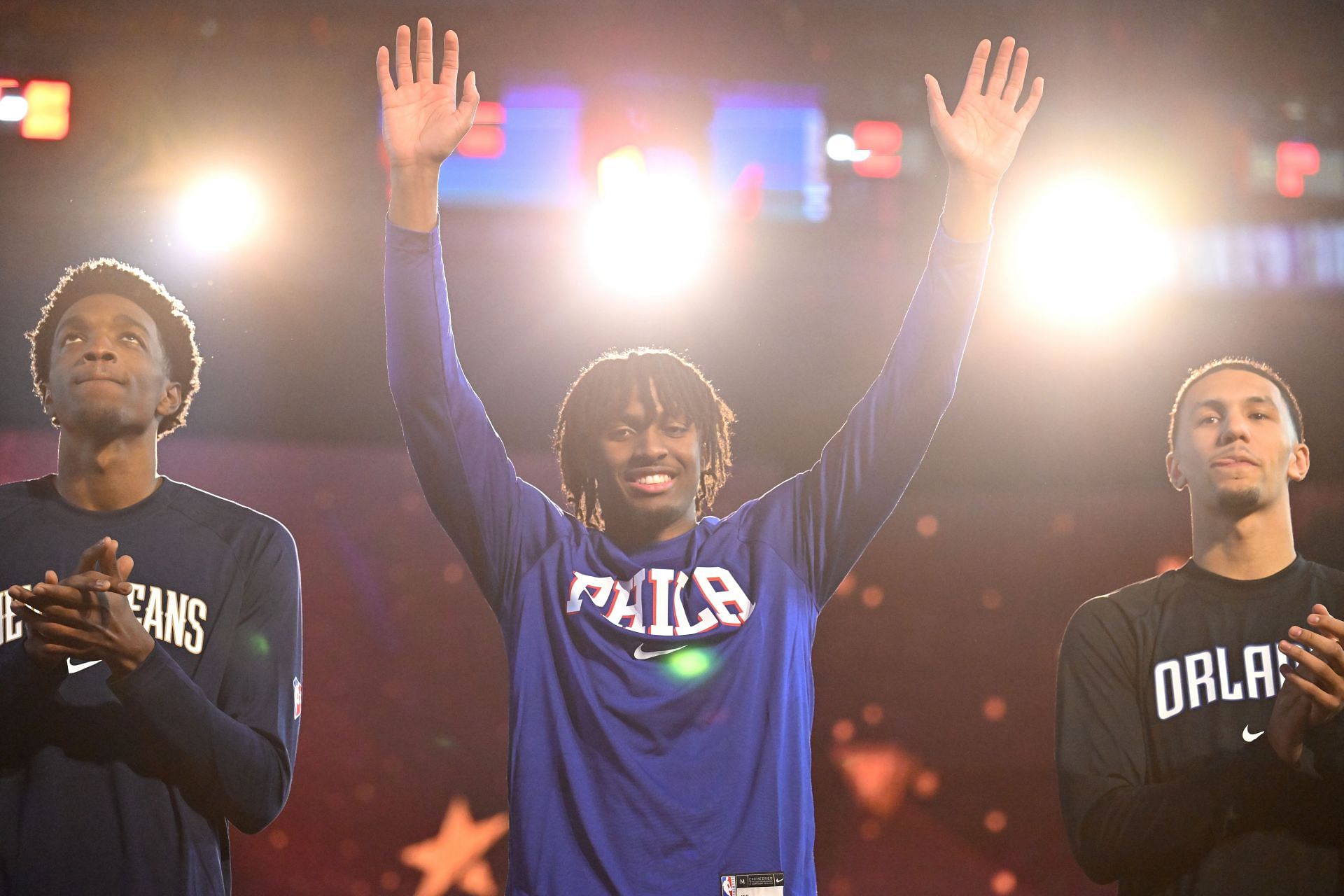 Tyrese Maxey #0 of the Philadelphia 76ers waves to the crowd after being introduced before the 2022 Clorox Rising Stars at Rocket Mortgage Fieldhouse on February 18, 2022 in Cleveland, Ohio.