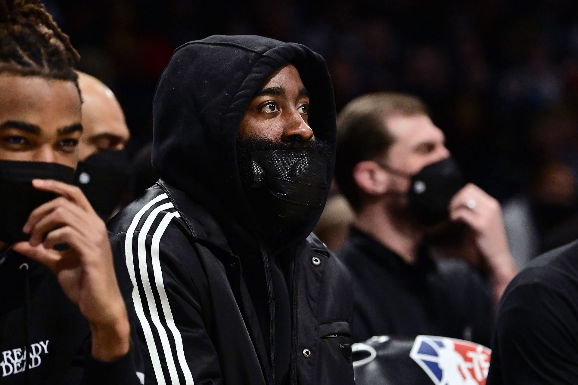 James Harden of the Brooklyn Nets looks on from the bench against the Boston Celtics at Barclays Center on Tuesday in New York City.
