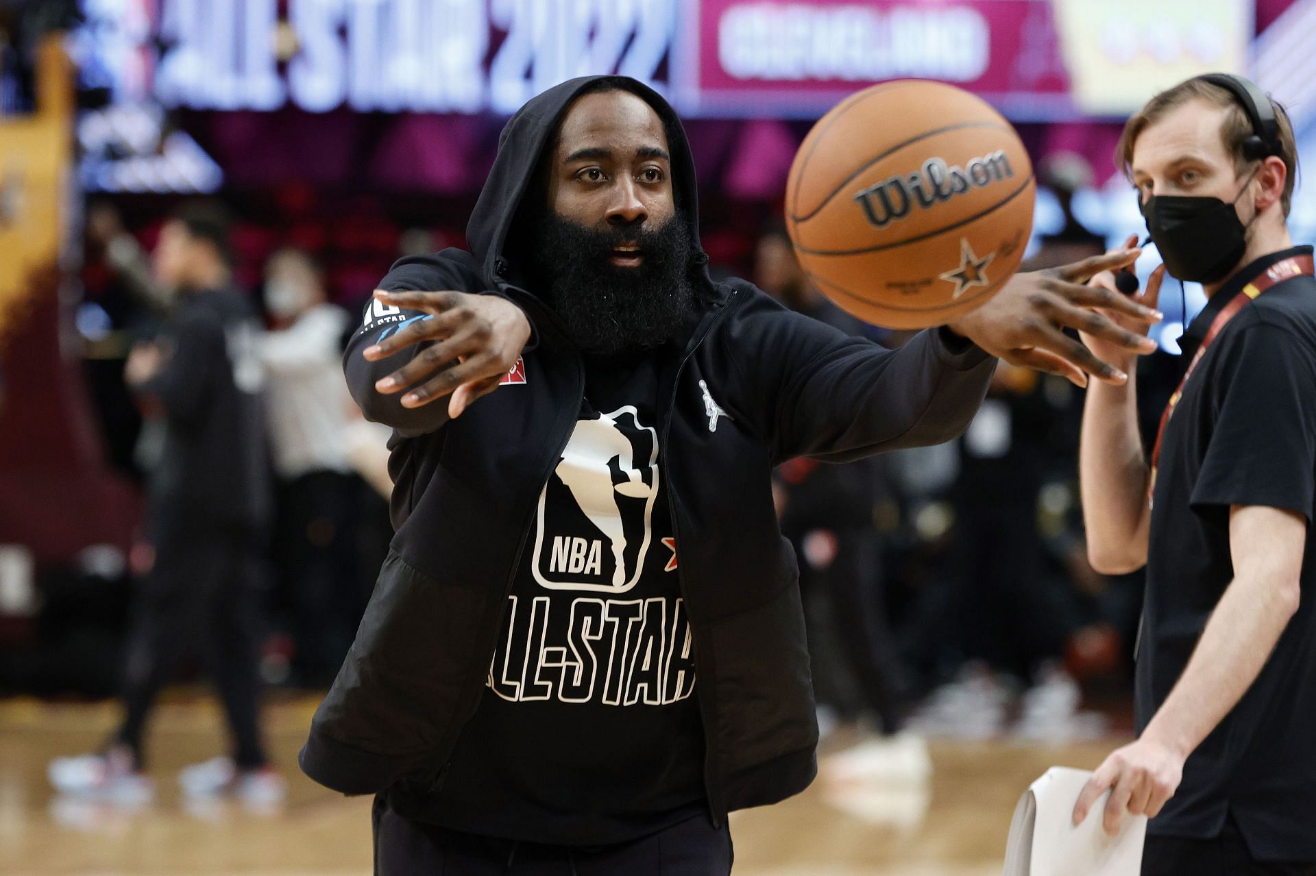 James Harden #13 of Team LeBron warms up before the 2022 NBA All-Star Game