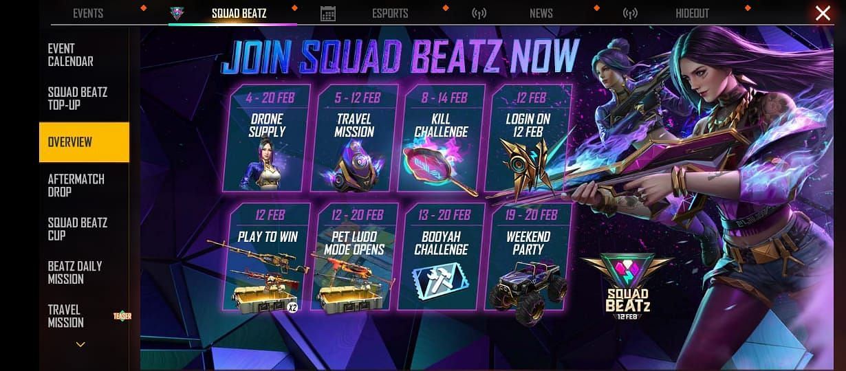 قائمة الأحداث الفرعية في حدث Squad Beatz (الصورة من Garena)