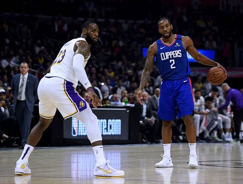 LeBron James and Kawhi Leonard in action during LA Lakers v Los Angeles Clippers game