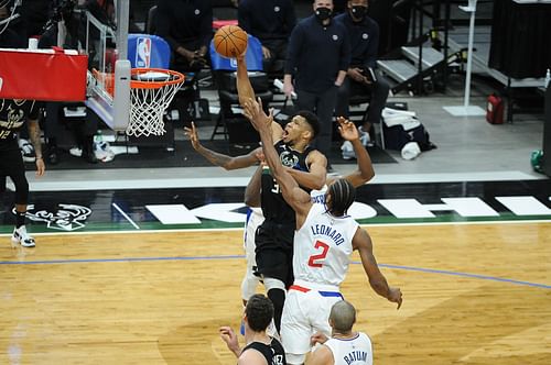 Giannis Antetokounmpo of the Milwaukee Bucks against Kawhi Leonard of the LA Clippers