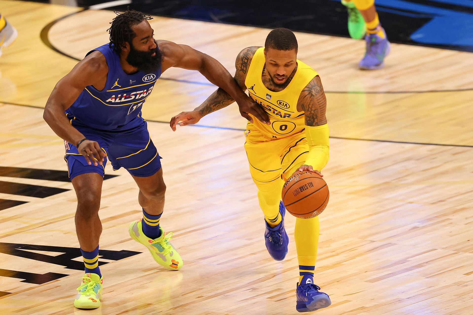 James Harden (left) and Damian Lillard (right) at the 2021 NBA All-Star Game