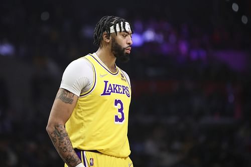 Anthony Davis of the LA Lakers reacts against the LA Clippers at Crypto.com Arena on Thursday in Los Angeles, California.