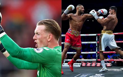 Jordan Pickford (left), Kell Brook and Amir Khan (right)