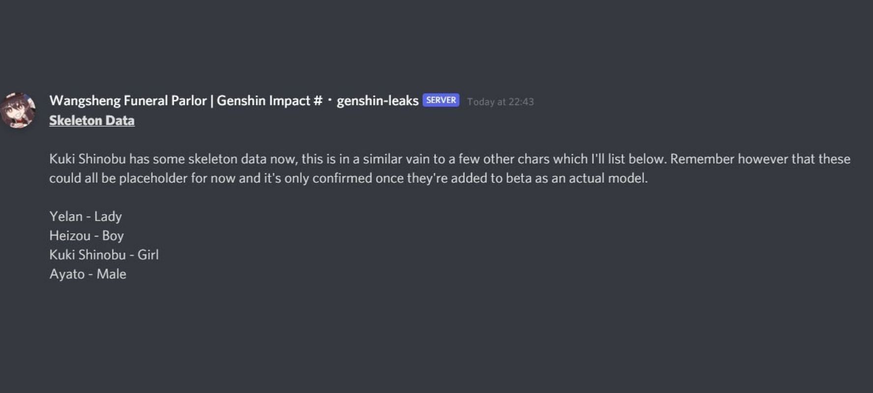The old leak of the character only having skeleton data is still accurate (Image via Wangsheng Funeral Parlor Discord)