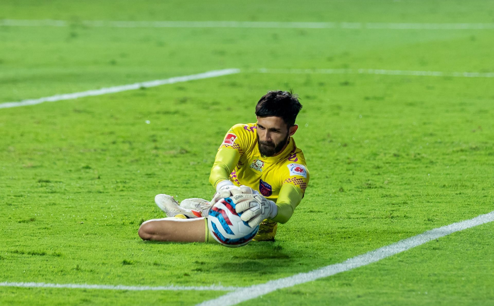 Odisha FC&#039;s custodian Arshdeep Singh stopping a shot (Image Courtesy: ISL)