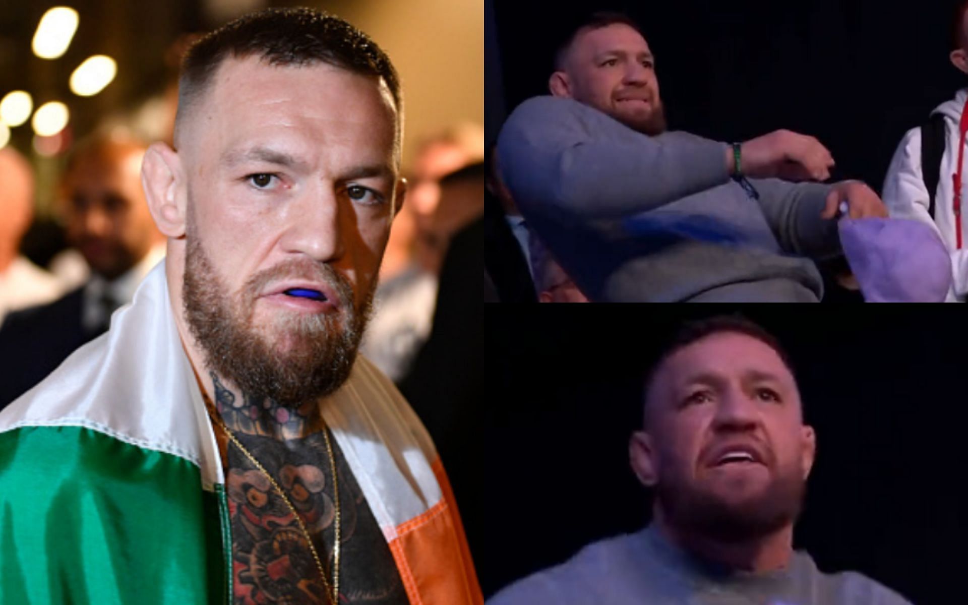 Conor McGregor (left, image courtesy of Getty); McGregor at Bellator 275 (top and bottom right, images courtesy of @BellatorMMA Twitter)