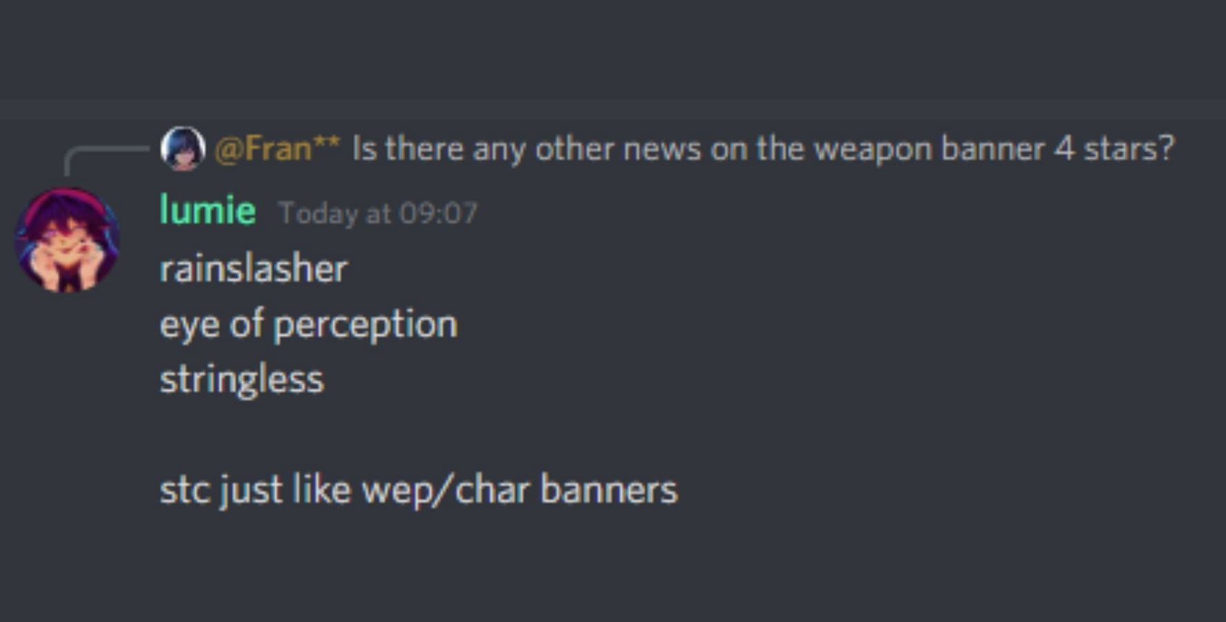 The leaked 4-star weapons came from Discord (Image via Wangsheng Funeral Parlor Discord)