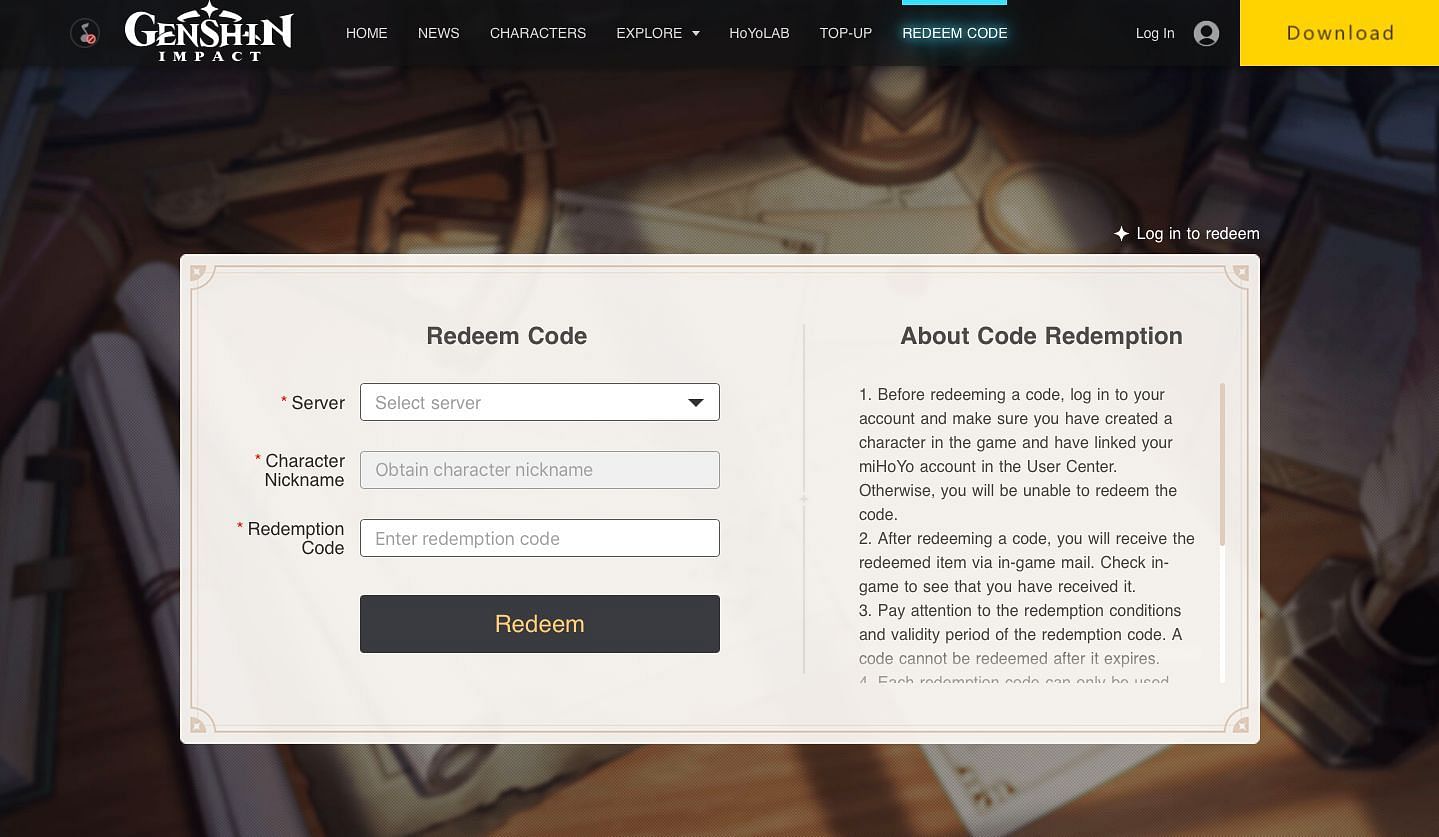 Code redemption site (Image via MiHoYo