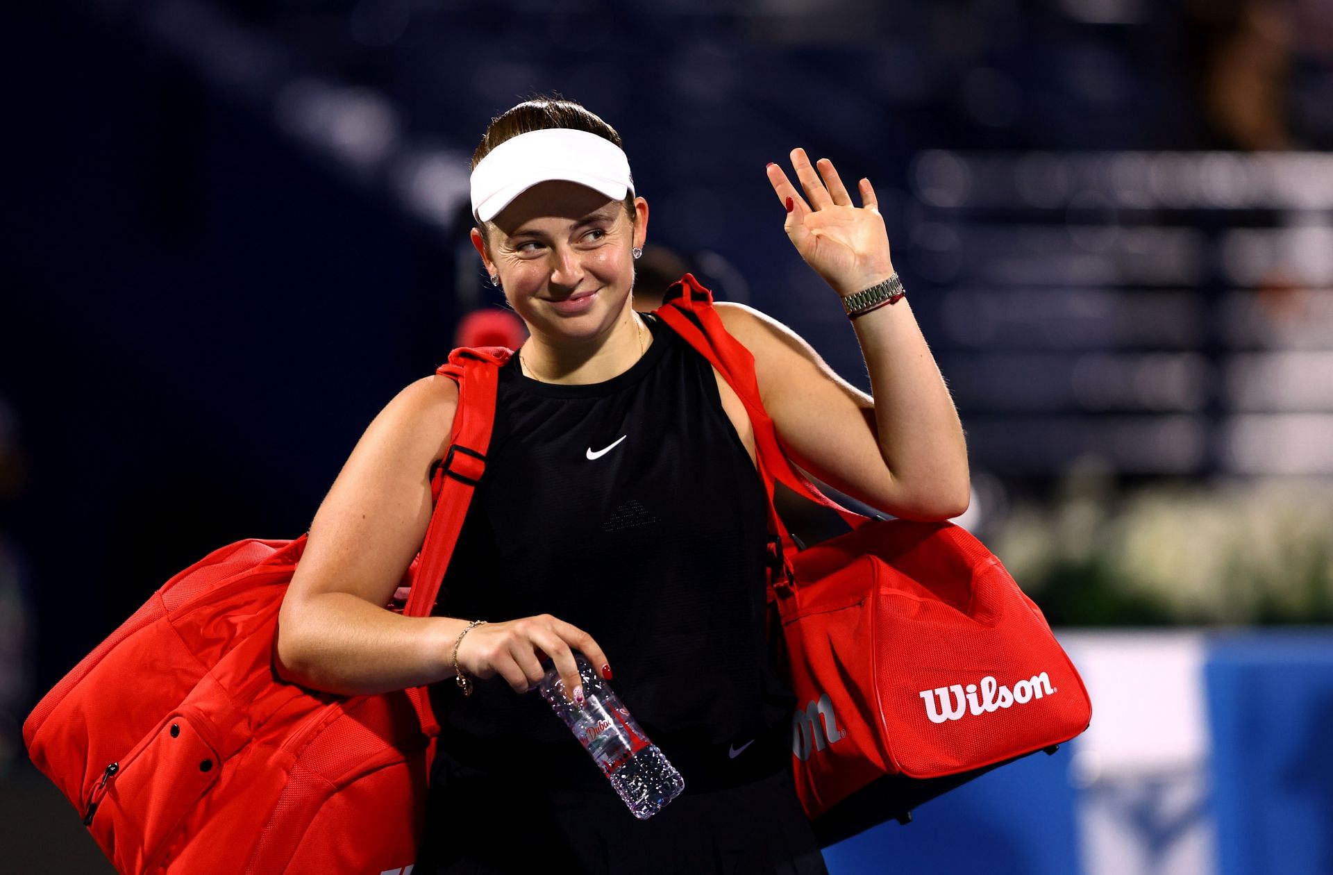 Ostapenko acknowledges the crowd after her semifinal win in Dubai