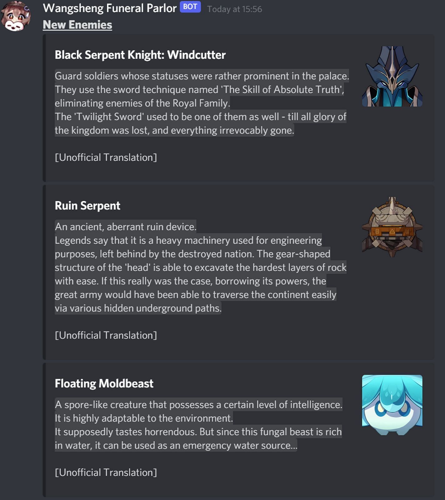 Some unofficial translations of the new enemies (Image via Wangsheng Funeral Parlor Discord)