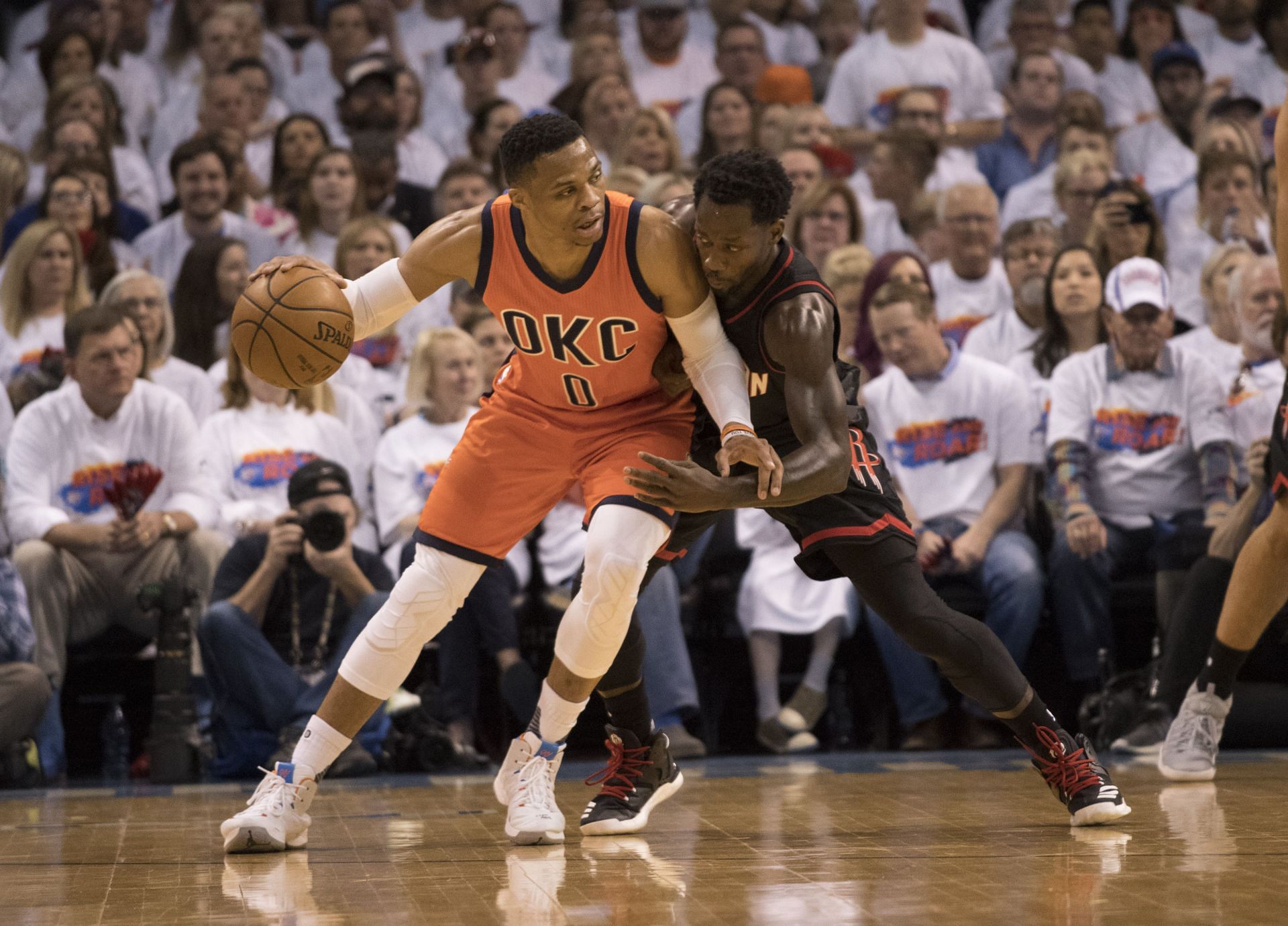 Russell Westbrook of the OKC and Patrick Beverley of the Houston Rockets battle for the ball during Game Four on the 2017 Western Conference quarterfinals on April 23, 2017, in Oklahoma City, Oklahoma.