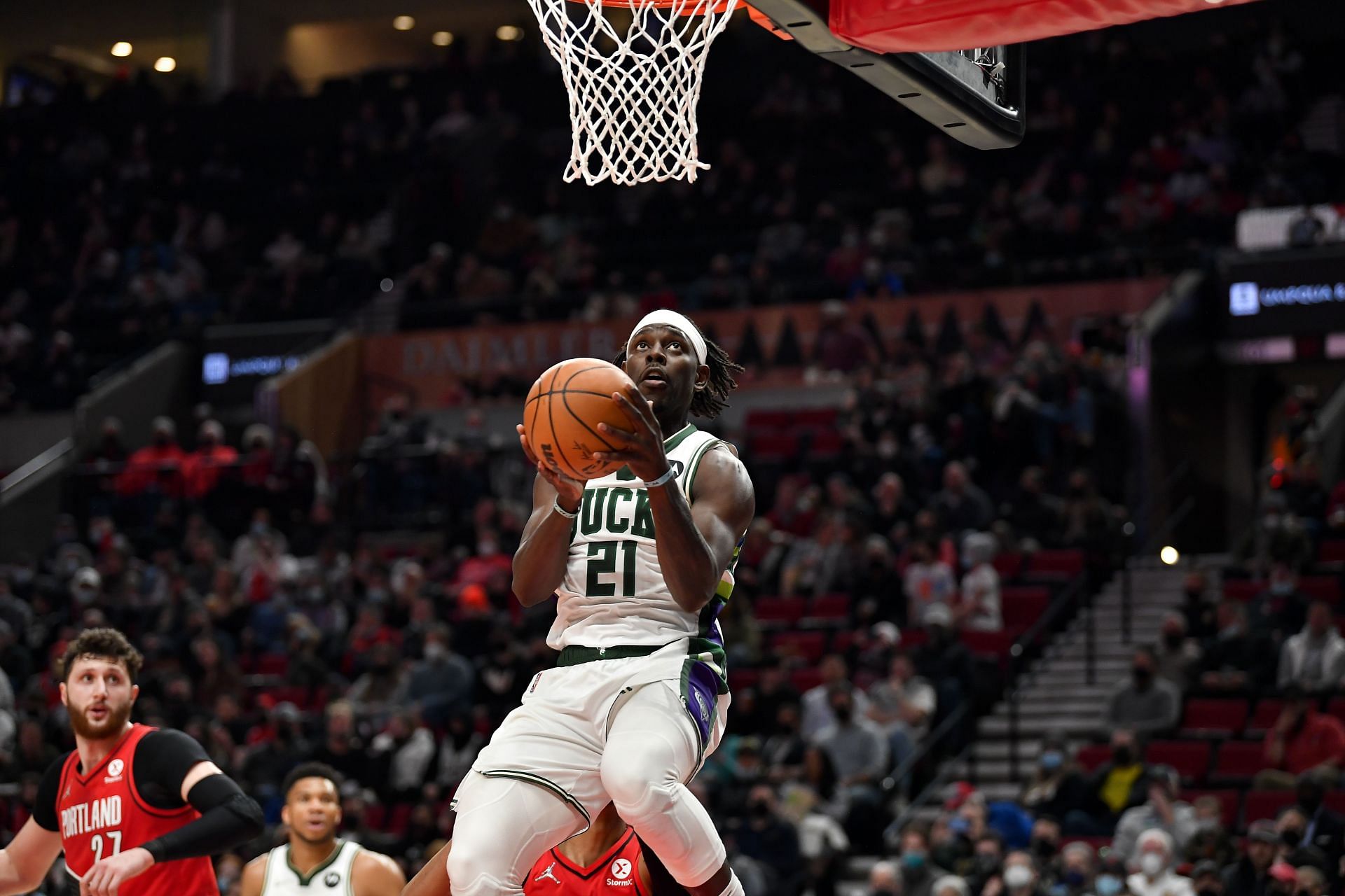 Jrue Holiday of the Bucks against the Portland Trail Blazers