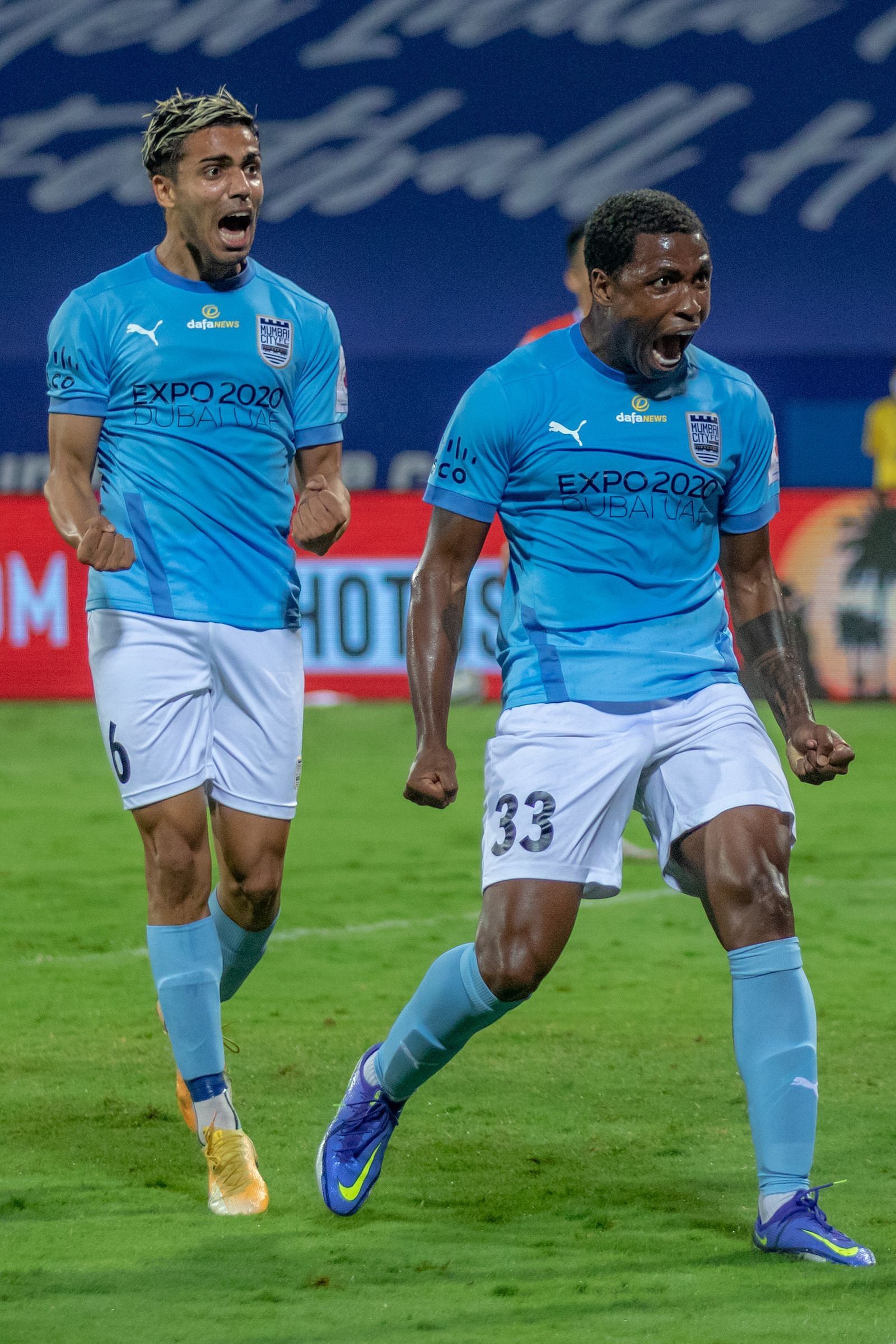 Mumbai City FC&#039;s Vikram Pratap Singh and Diego Mauricio celebrate the latter&#039;s goal against FC Goa (Image Courtesy: ISL)